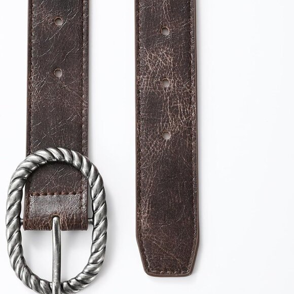 Women Brown Leather Belt Vintage Silver Buckle Waist Strap for Jeans Dresses - Picture 3 of 6